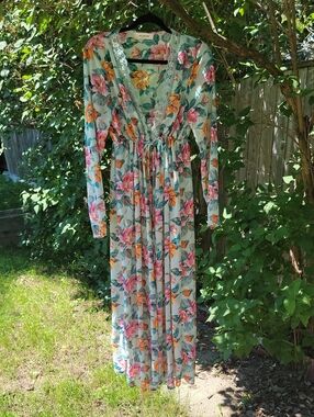 Floral Lace-Trim Maxi Dress in Light Teal New Boho New Without Tags